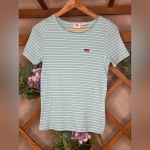 Brand New Levi Cute Women’s Striped Top Open Neckline And Logo(Sz S)Blue/Teal